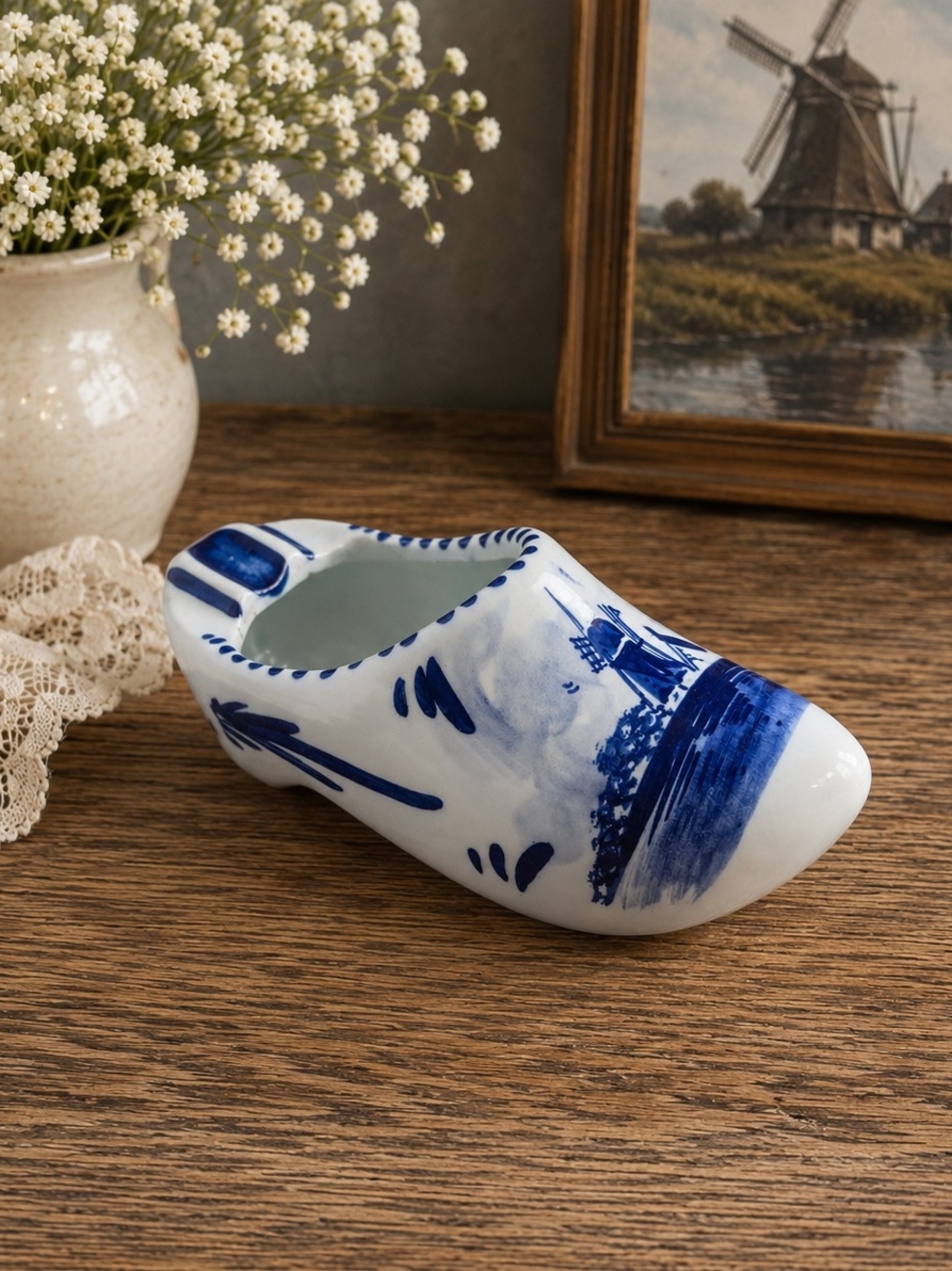 Vintage Delfts Blue Hand Painted Dutch Clog 5" Windmill Ceramic Shoe Holland